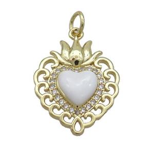 Copper Heart Pendant Pave Zircon White Enamel Gold Plated, approx 16.5-20mm