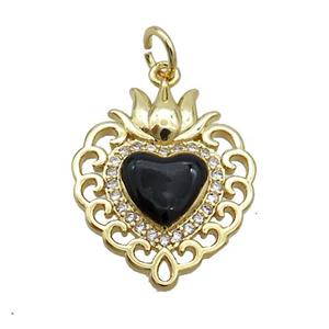Copper Heart Pendant Pave Zircon Black Enamel Gold Plated, approx 16.5-20mm