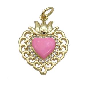 Copper Heart Pendant Pave Zircon Pink Enamel Gold Plated, approx 16.5-20mm