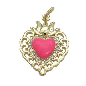 Copper Heart Pendant Pave Zircon Red Enamel Gold Plated, approx 16.5-20mm