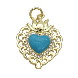 Copper Heart Pendant Pave Zircon Teal Enamel Gold Plated, approx 16.5-20mm