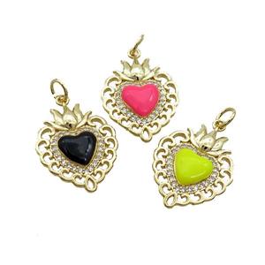 Copper Heart Pendant Pave Zircon Enamel Gold Plated Mixed, approx 16.5-20mm