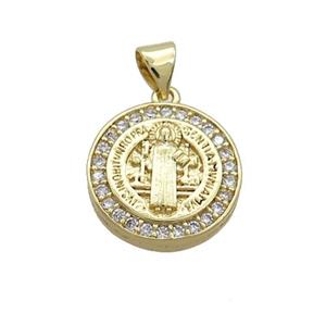 Copper Jesus Pendant Pave Zircon Religious Circle Gold Plated, approx 16mm