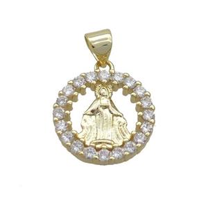 Copper Virgin Mary Charms Pendant Pave Zircon Religious Circle Gold Plated, approx 16mm
