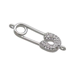 Copper Safety Pins Connector Pave Zircon Platinum Plated, approx 8-21mm