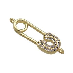 Copper Safety Pins Connector Pave Zircon Gold Plated, approx 8-21mm