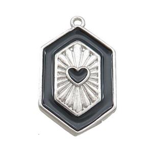 Copper Hexagon Pendant Black Enamel Heart Platinum Plated, approx 13-20mm