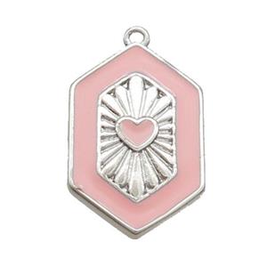 Copper Hexagon Pendant Pink Enamel Heart Platinum Plated, approx 13-20mm