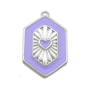 Copper Hexagon Pendant Lavender Enamel Heart Platinum Plated, approx 13-20mm