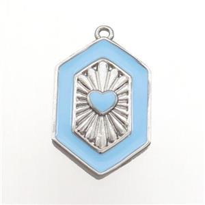 Copper Hexagon Pendant Blue Enamel Heart Platinum Plated, approx 13-20mm