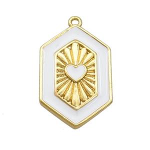 Copper Hexagon Pendant White Enamel Heart Gold Plated, approx 13-20mm