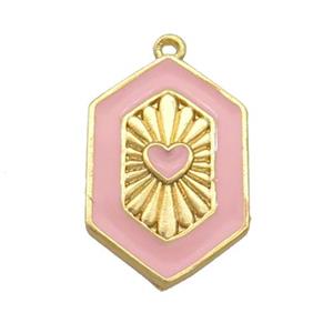 Copper Hexagon Pendant Pink Enamel Heart Gold Plated, approx 13-20mm