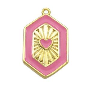 Copper Hexagon Pendant Pink Enamel Heart Gold Plated, approx 13-20mm