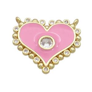 Copper Heart Pendant Pave Zircon Pink Enamel 2loops Gold Plated, approx 21mm
