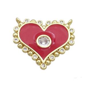 Copper Heart Pendant Pave Zircon Red Enamel 2loops Gold Plated, approx 21mm