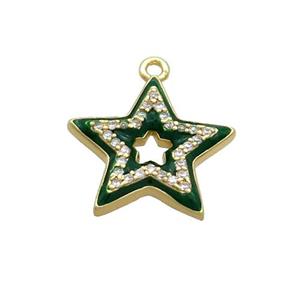Copper Star Pendant Pave Zircon Green Enamel Gold Plated, approx 15mm