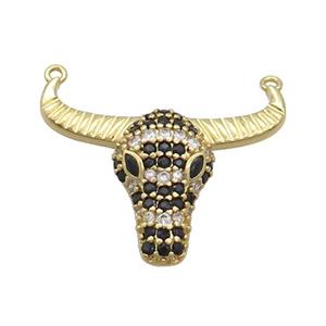 Copper Bullhead Pendant Pave Black Zircon 2loops Gold Plated, approx 22-28mm