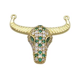 Copper Bullhead Pendant Pave Green Zircon 2loops Gold Plated, approx 22-28mm