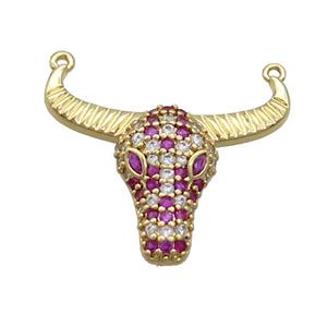 Copper Bullhead Pendant Pave Hotpink Zircon 2loops Gold Plated, approx 22-28mm