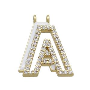 Copper Pendant Pave Zircon White Enamel Letter-A 2loops Alphabet Gold Plated, approx 15-16mm