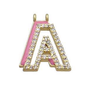 Copper Pendant Pave Zircon Pink Enamel Letter-A 2loops Gold Plated, approx 15-16mm
