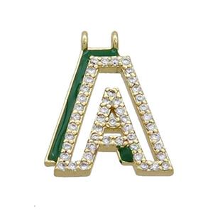 Copper Pendant Pave Zircon Green Enamel Letter-A 2loops Gold Plated, approx 15-16mm