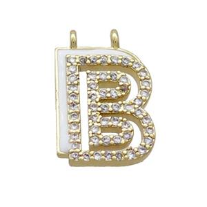 Copper Pendant Pave Zircon White Enamel Letter-B 2loops Gold Plated, approx 15-16mm