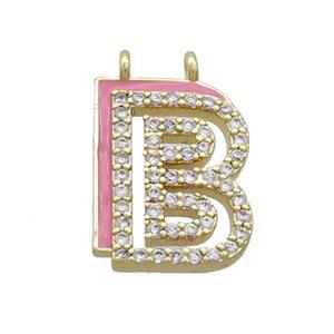 Copper Pendant Pave Zircon Pink Enamel Letter-B 2loops Gold Plated, approx 15-16mm