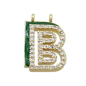 Copper Pendant Pave Zircon Green Enamel Letter-B 2loops Gold Plated, approx 15-16mm
