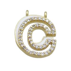 Copper Pendant Pave Zircon White Enamel Letter-C 2loops Gold Plated, approx 15-16mm