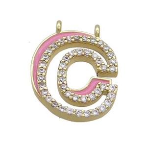 Copper Pendant Pave Zircon Pink Enamel Letter-C 2loops Gold Plated, approx 15-16mm