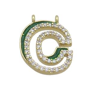 Copper Pendant Pave Zircon Green Enamel Letter-C 2loops Gold Plated, approx 15-16mm