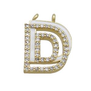 Copper Pendant Pave Zircon White Enamel Letter-D 2loops Gold Plated, approx 15-16mm