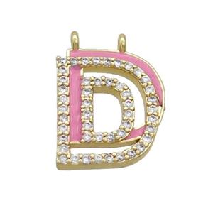 Copper Pendant Pave Zircon Pink Enamel Letter-C 2loops Gold Plated, approx 15-16mm