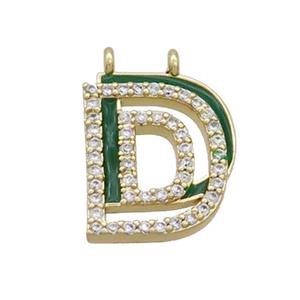 Copper Pendant Pave Zircon Green Enamel Letter-C 2loops Gold Plated, approx 15-16mm