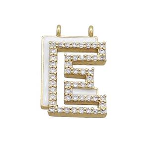 Copper Pendant Pave Zircon White Enamel Letter-E 2loops Gold Plated, approx 15-16mm