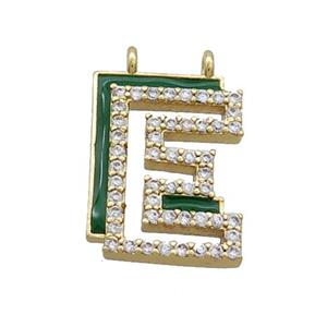 Copper Pendant Pave Zircon Green Enamel Letter-E 2loops Gold Plated, approx 15-16mm