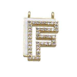 Copper Pendant Pave Zircon White Enamel Letter-F 2loops Gold Plated, approx 15-16mm