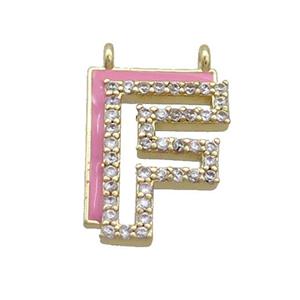 Copper Pendant Pave Zircon Pink Enamel Letter-F 2loops Gold Plated, approx 15-16mm