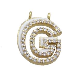 Copper Pendant Pave Zircon White Enamel Letter-G 2loops Gold Plated, approx 15-16mm