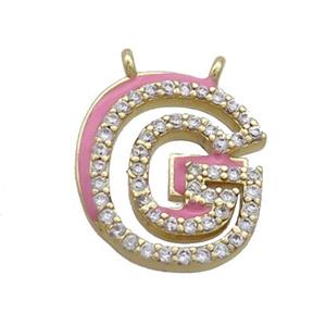 Copper Pendant Pave Zircon Pink Enamel Letter-G 2loops Gold Plated, approx 15-16mm