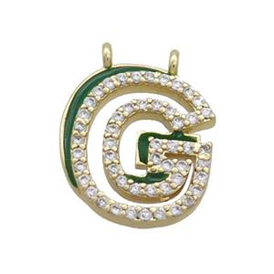 Copper Pendant Pave Zircon Green Enamel Letter-G 2loops Gold Plated, approx 15-16mm