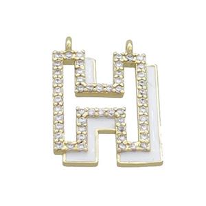 Copper Pendant Pave Zircon White Enamel Letter-H 2loops Gold Plated, approx 15-16mm