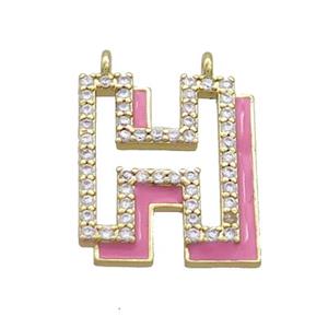 Copper Pendant Pave Zircon Pink Enamel Letter-H 2loops Gold Plated, approx 15-16mm
