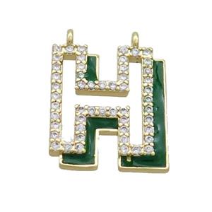 Copper Pendant Pave Zircon Green Enamel Letter-H 2loops Gold Plated, approx 15-16mm