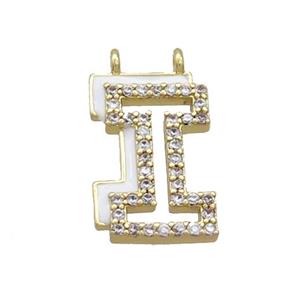 Copper Pendant Pave Zircon White Enamel Letter-I 2loops Gold Plated, approx 15-16mm