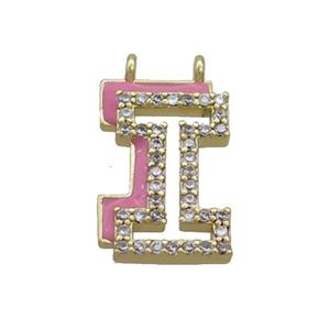 Copper Pendant Pave Zircon Pink Enamel Letter-I 2loops Gold Plated, approx 15-16mm