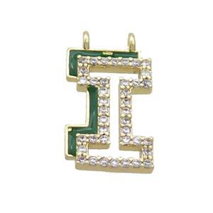 Copper Pendant Pave Zircon Green Enamel Letter-I 2loops Gold Plated, approx 15-16mm