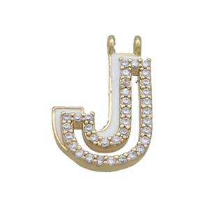 Copper Pendant Pave Zircon White Enamel Letter-J 2loops Gold Plated, approx 15-16mm