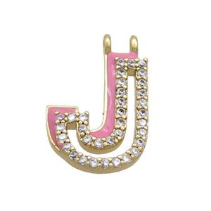 Copper Pendant Pave Zircon Pink Enamel Letter-J 2loops Gold Plated, approx 15-16mm